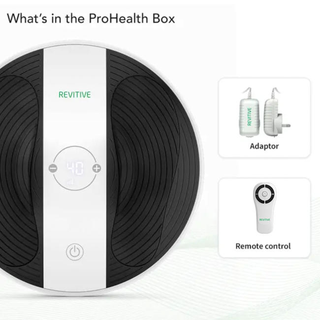 Image showing prohealth and what you get in the box, remote, cable and plug